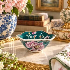 Toyo Teal Floral Bee Hand Painted Porcelain Scalloped Bowl Chinoiserie